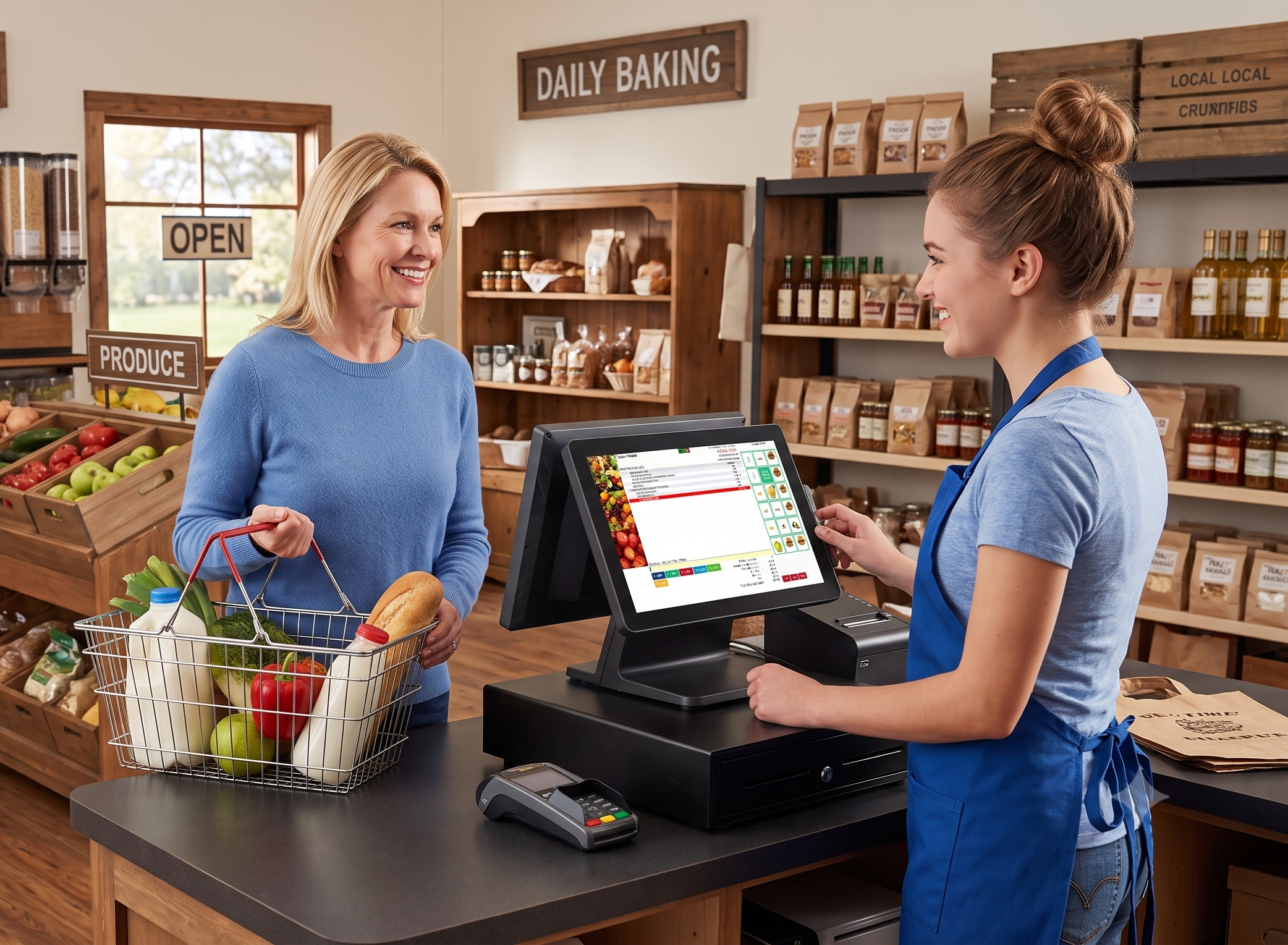 Warm local rural grocery market with fresh produce and welcoming community atmosphere