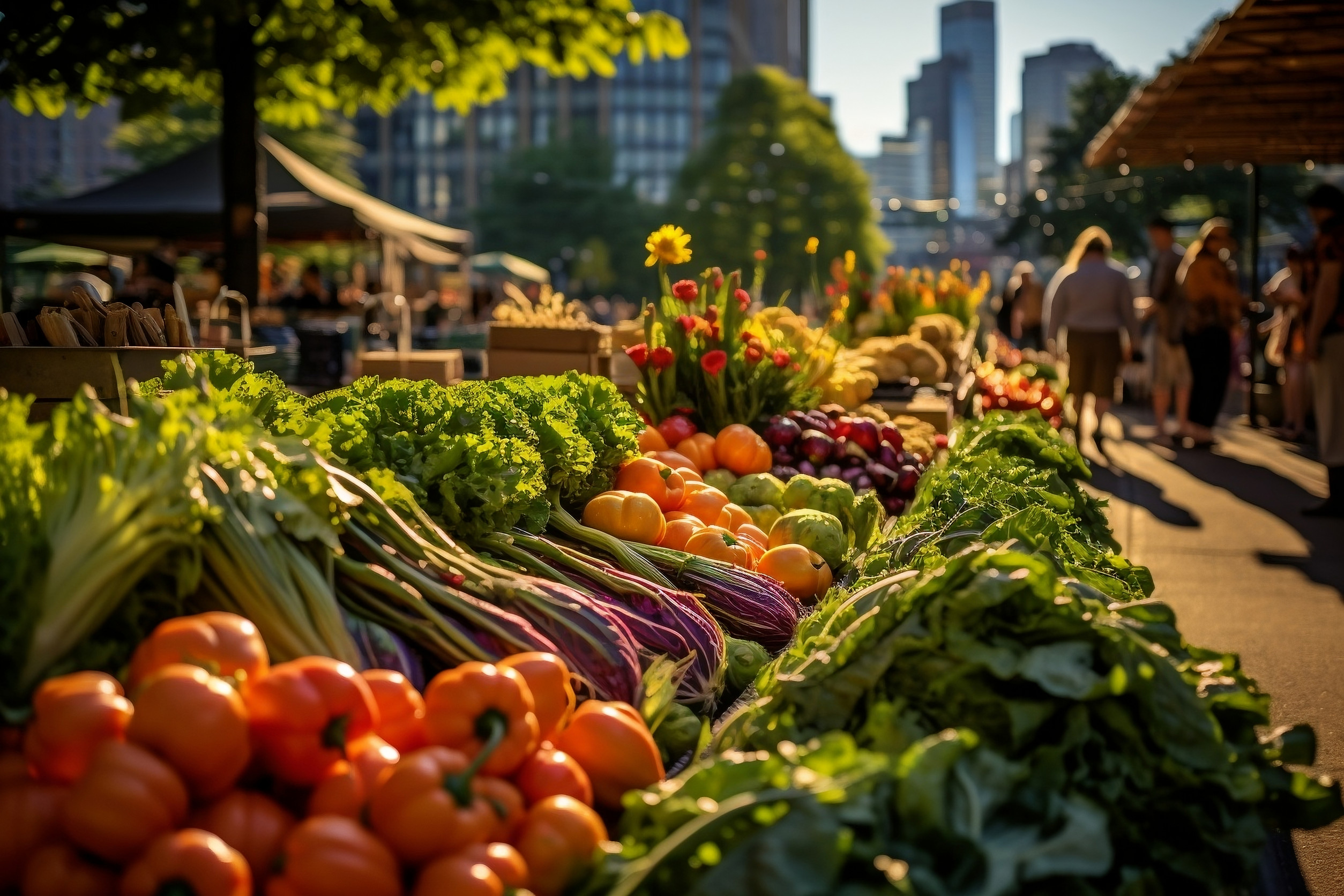 Lively Open-Air Farmers Market Brimming with Fresh Produce. AI